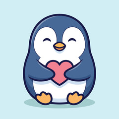 Vector illustration of cute cartoon penguin holding a pink heart in its flippers on a light blue background © JIHAD HOSSAIN