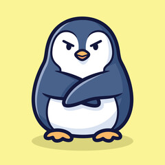 Vector illustration of a cartoon penguin with a grumpy face and crossed flippers on a green background © JIHAD HOSSAIN