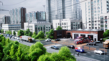 Naklejka premium Fire truck quickly leaves for the call, garage door at fire department opens. 3d rendering.