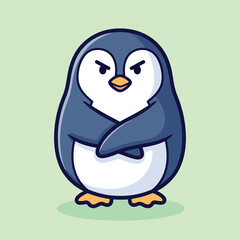 Vector illustration of a cartoon penguin with a grumpy face and crossed flippers on a green background © JIHAD HOSSAIN