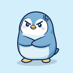 Fototapeta premium Vector illustration of cute angry cartoon penguin with crossed arms on light blue background