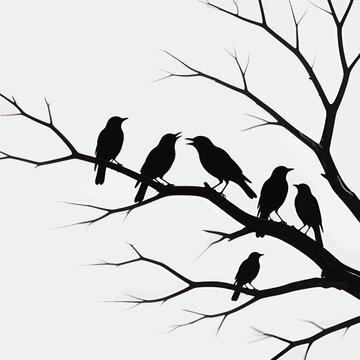 Silhouettes of birds perched on bare tree branches in winter