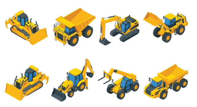 Isometric illustration of various yellow construction vehicles and machinery