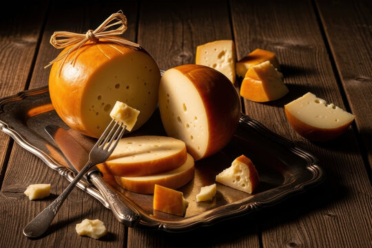 Whole and sliced smoked scamorza cheese on silver tray with vintage cutlery on dark rustic wooden table