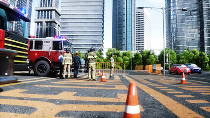 Fire station. A firefighter stands next to a fire engine. Fire trucks, their lights on, are ready to go. 3d rendering. © 3D motion