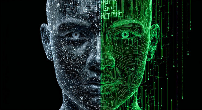 Human Face with Digital Circuitry
A futuristic human face with digital circuitry and neon green lines, representing AI and technology. The image showcases a blend of human and machine.