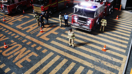 Fire station. A firefighter stands next to a fire engine. Fire trucks, their lights on, are ready to go. 3d rendering. © 3D motion
