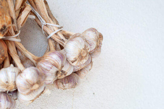 garlic braid hanging on white textured wall with copyspace concept of food, agriculture