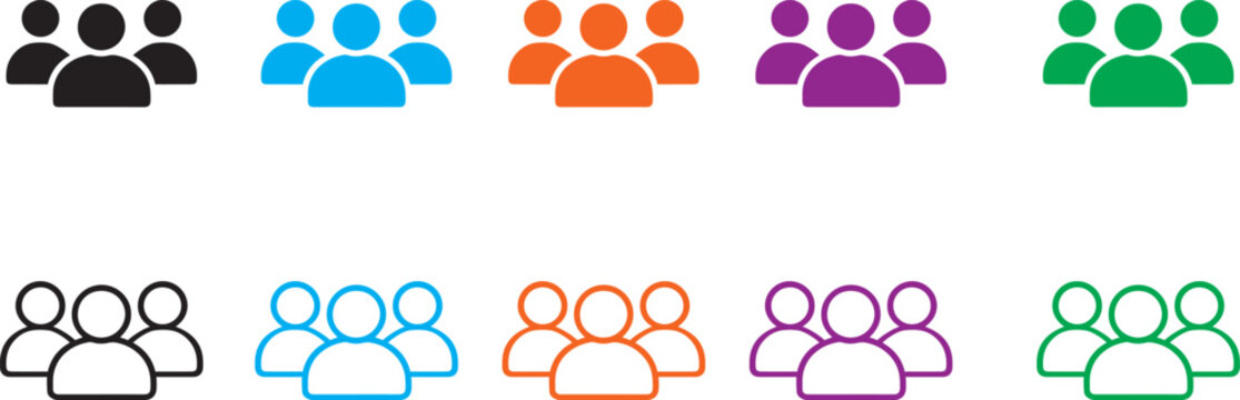 multi colored user group and community icon set, outline symbols