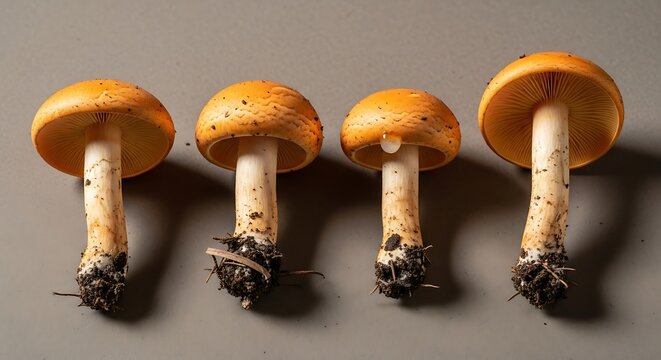 Four Orange Cap Mushrooms with Visible Root Systems