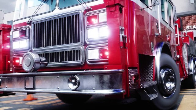 Fire truck quickly leaves for the call, garage door at fire department opens. 