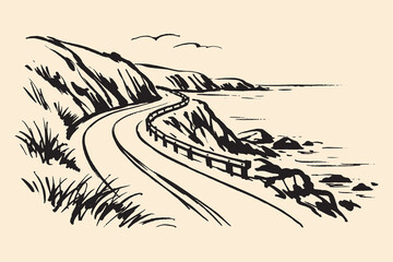Naklejka premium Coastal road cliff landscape ink sketch vector illustration