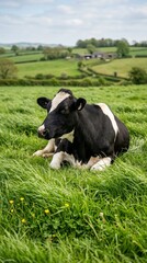 A black and white cow rests peacefully in a lush green field with rolling hills and farm buildings in the background under a cloudy sky.