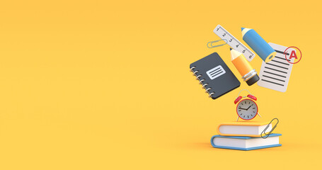 school items in yellow background 3d render © Queen Nadeesha