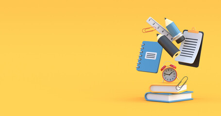 school supplies in yellow background 3d render © Queen Nadeesha
