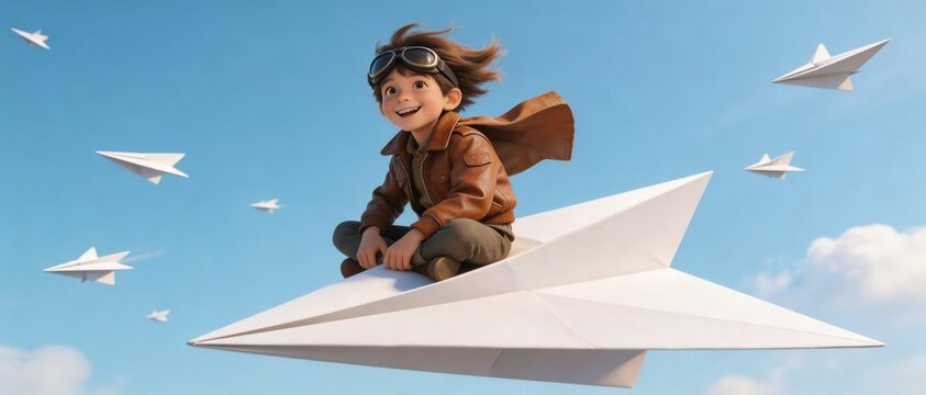 A joyful child dressed as a pilot rides a giant paper airplane among many smaller ones in a bright blue sky.