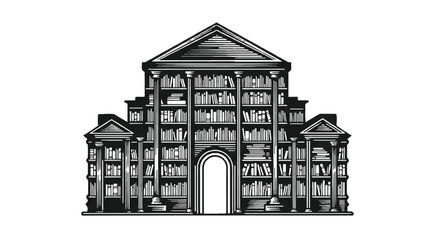 Architectural illustration of a classical building with bookshelves © HALEDS
