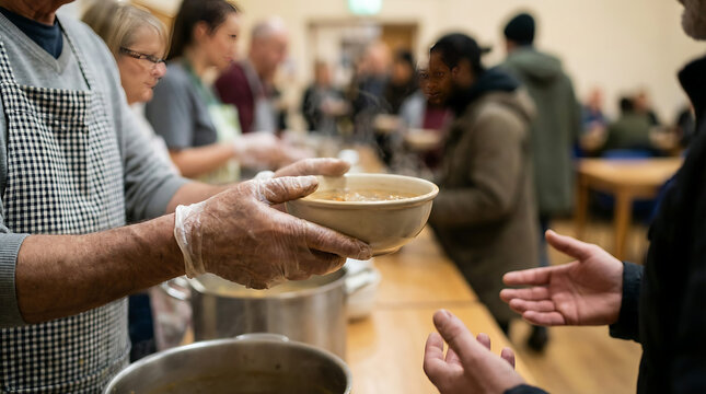 Hands of a volunteer with a compassionate and helpful mood handing a warm bowl of soup to a person in need representing community support and kindness on a blurred soup kitchen background.
