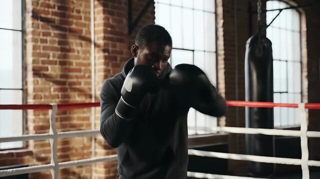 Man practicing boxing techniques in gym. Industrial setting with brick walls and boxing ring. Concept of fitness, sports training, physical health