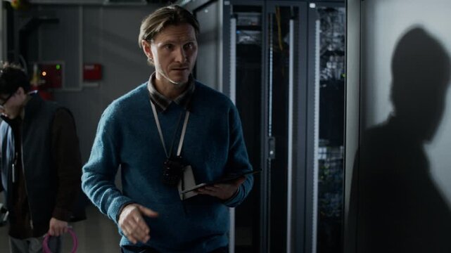 Medium tracking shot of Caucasian male data center technician checking server rack connections while using tablet for system monitoring inside modern server facility