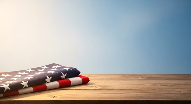 Folded american flag resting on rustic wooden table with soft sunlight and blue sky background for patriotic memorial day or independence day holiday
