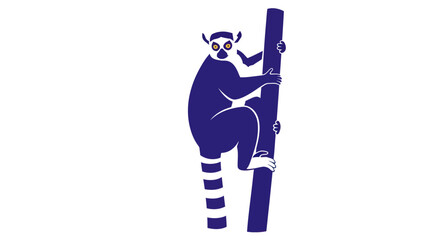 Ring-tailed Lemur Climbing Bamboo Tree, Minimalist Blue Silhouette, Isolated on White © paloma