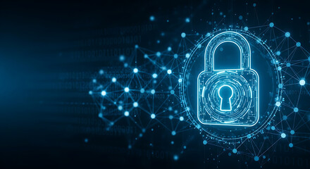 Glowing blue padlock with network connections, symbolizing cybersecurity and data protection