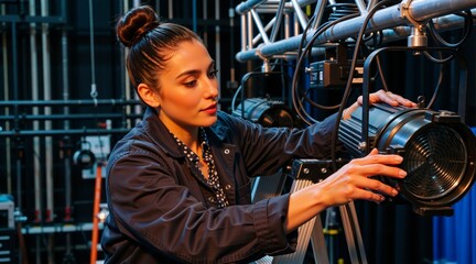 Professional female lighting technician adjusting a stage light in a theater. Backstage production and entertainment industry concept. Woman working with technical equipment on set