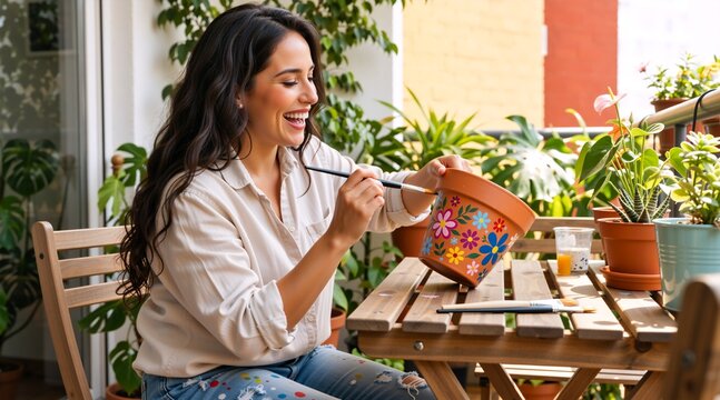Young woman painting floral designs on a terracotta pot. Creative female artist crafting on a sunny balcony. DIY home decor and leisure hobby concept
