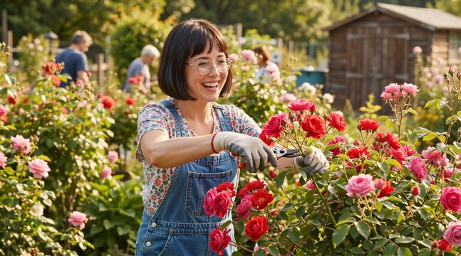 Happy woman pruning roses in a sunny garden. Female gardener wearing denim overalls and glasses working with flowers. Horticulture and hobby concept