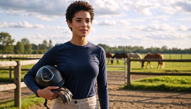 Portrait of a female equestrian holding a riding helmet at a horse ranch. Woman rider standing in a paddock with horses grazing in the background. Horseback riding concept