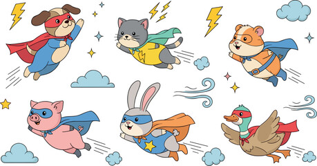 Cute superhero pet animal vector set with flying dog cat hamster pig rabbit and duck wearing capes and masks, © Lunavera art