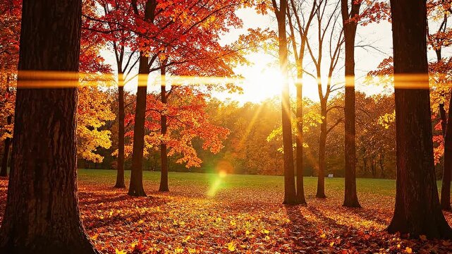 Golden Autumn Sunrise in Forest with Sun Flare and Orange Foliage
