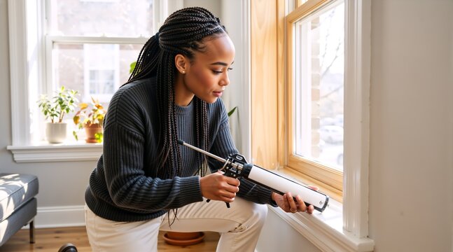 Young Black woman applying silicone sealant to a wooden window frame with a caulking gun. Female homeowner doing DIY home improvement and weatherstripping maintenance indoors