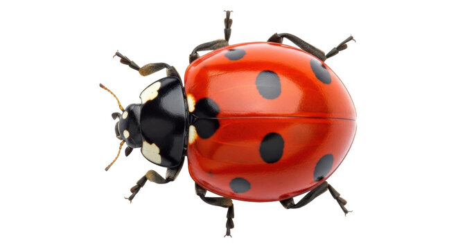 Red ladybug PNG isolated on transparent background, close-up of a ladybird with black spots for nature and insect design projects