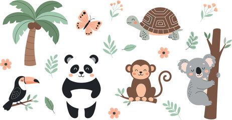 Cute tropical animal vector set with panda koala monkey turtle and toucan plus palm tree and floral elements, © Lunavera art