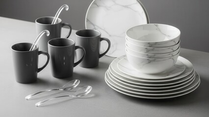 A minimalist collection of marble patterned porcelain plates and gray mugs with clear spoons indoors