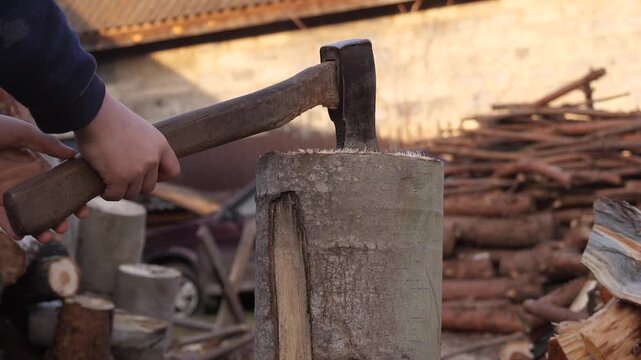 A little boy chops a log with an axe.