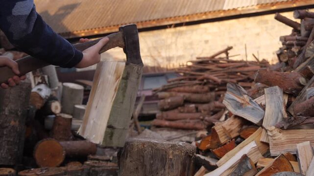 A little boy chops a log with an axe.