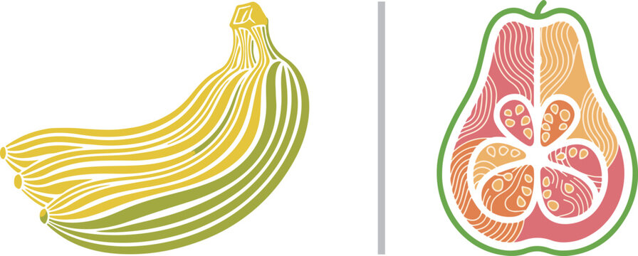 A stylized yellow and green bunch of bananas with wavy line textures alongside a vibrant pear cross-section featuring intricate pink and orange patterns and small seeds.