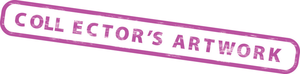 Vibrant purple collectors artwork stamp on a with bold typography and rectangular shape