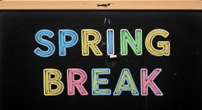 Colorful Spring Break Text on Blackboard.