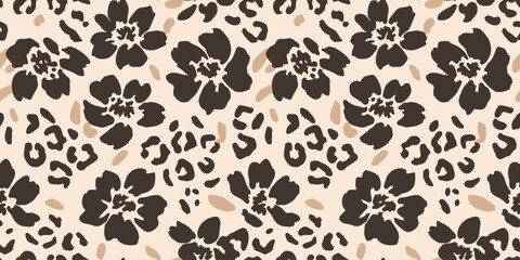 Peach and Charcoal Floral Leopard Seamless Pattern © Rashid