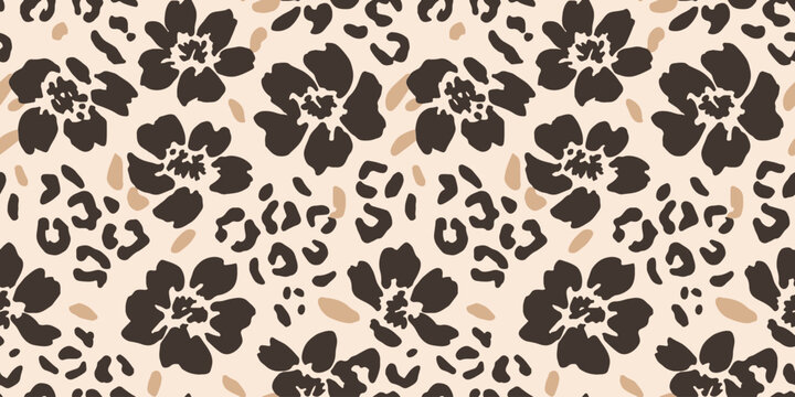 Peach and Charcoal Floral Leopard Seamless Pattern