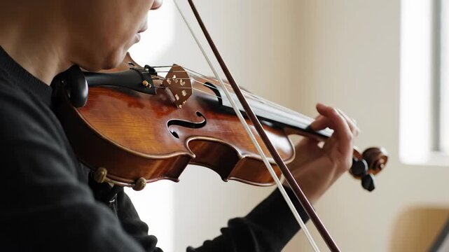 Person adjusts tuning pegs on a violin while playing in a bright room with natural light. Focus on string instrument care and music practice