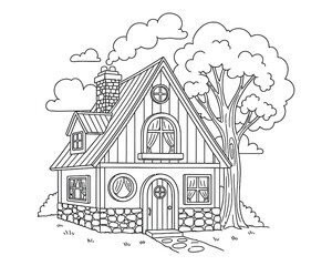 Fototapeta premium A black and white drawing of a charming two story house with a tree and stone wall