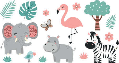 Cute tropical safari animal vector set featuring elephant flamingo hippo and zebra with palm leaves and flowers for nursery © Lunavera art