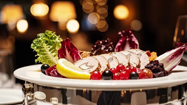 Elegant gourmet dish of sliced meat with garnish in restaurant