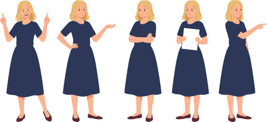 Blonde woman character vector illustration with multiple poses, gestures, pointing, arms crossed, paper holding, and expressive body language © Creative design