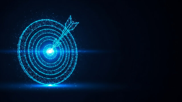 A futuristic glowing blue target with an arrow hitting the center, representing precision and accuracy in a digital or technological context.